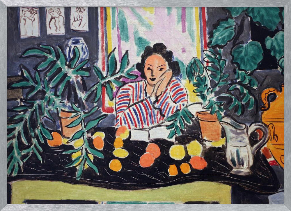 A vibrant Fauvist painting by Henri Matisse featuring a woman in a red and blue striped blouse sitting at a black table. She is surrounded by lush green potted plants and colorful citrus fruits, resting her head on her hand in a contemplative pose. Artwork