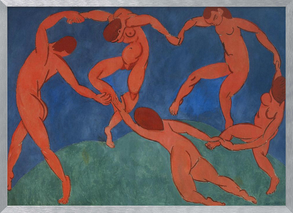 A framed print of Henri Matisse's painting 'The Dance,' featuring five nude, reddish-orange figures holding hands and dancing in a circle against a vibrant blue sky and a green hill. Decor