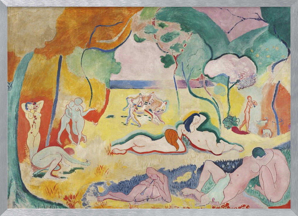 A framed print of Henri Matisse's Fauvist painting, 'Le bonheur de vivre' (The Joy of Life). It shows a vibrant, colorful landscape with numerous nude figures relaxing, dancing, and playing music. The scene uses unnaturalistic colors like yellow earth, orange and green trees, and a pink sky to evoke a sense of idyllic joy. Decor