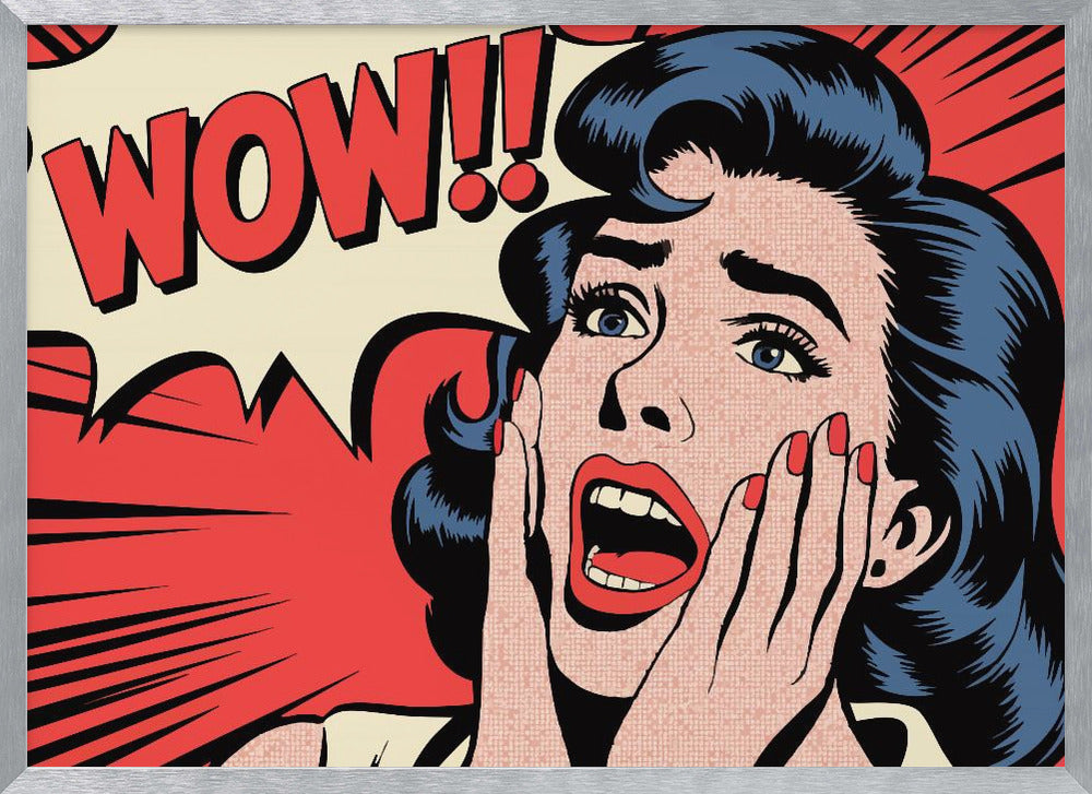 A pop art comic book panel of a woman with blue hair and red lipstick looking shocked, with her hands on her cheeks and mouth open. Behind her, a red speech bubble exclaims 'WOW!!'. Decor