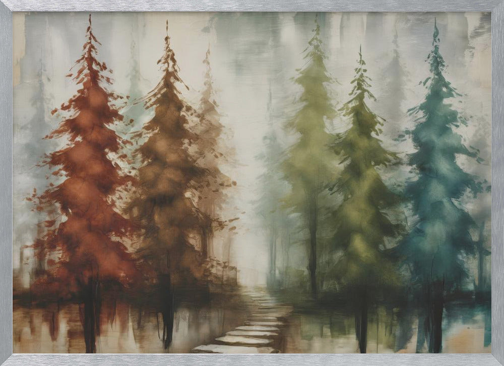 An abstract painting of a forest with a row of pine trees in a silver frame. The trees are painted in a gradient of colors from rust red and brown on the left to olive green and teal blue on the right, all set against a misty, gray background. A stone path leads into the foggy distance, and the trees are reflected in the water below. Poster