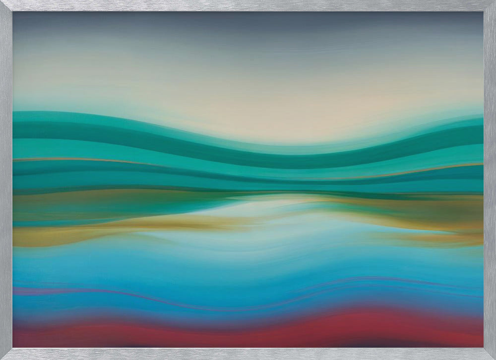 A framed abstract landscape painting featuring horizontal, flowing bands of color. The composition suggests a serene coastal scene with a light blue and cream sky over undulating waves of teal and green. The middle section shows reflections in shades of gold and aqua, while the bottom transitions from blue with thin red lines to a solid deep red-brown base. The entire piece is housed in a simple silver frame. Poster
