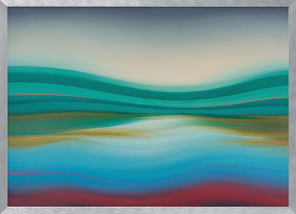A framed abstract landscape painting featuring horizontal, flowing bands of color. The composition suggests a serene coastal scene with a light blue and cream sky over undulating waves of teal and green. The middle section shows reflections in shades of gold and aqua, while the bottom transitions from blue with thin red lines to a solid deep red-brown base. The entire piece is housed in a simple silver frame. Poster