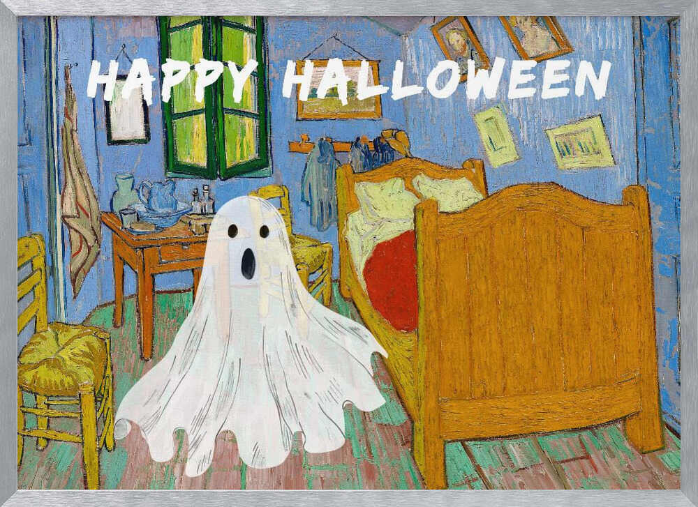 A parody of Vincent van Gogh's famous 'Bedroom in Arles' painting. A white, cartoonish ghost with a surprised expression hovers in the middle of the iconic, colorful room. Above the scene, the words 'HAPPY HALLOWEEN' are displayed in a textured white font. The artwork is presented in a silver frame. Wall Art