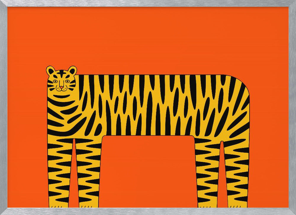 A stylized illustration of a tiger with a long, rectangular body and bold black stripes on a yellow coat, set against a solid, bright orange background and enclosed in a silver frame. Decor