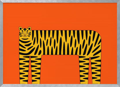 A stylized illustration of a tiger with a long, rectangular body and bold black stripes on a yellow coat, set against a solid, bright orange background and enclosed in a silver frame. Decor