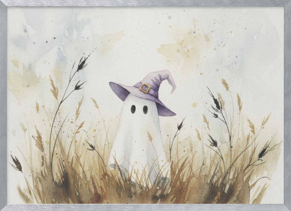A whimsical watercolor painting of a cute white ghost wearing a purple witch's hat. The ghost is standing in a field of tall, dry brown and beige grasses against a light, splotchy background, all within a silver frame. Artwork
