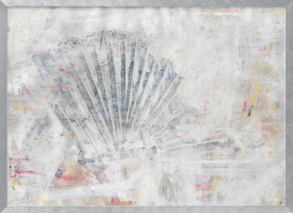 Abstract painting with a textured, fan-like shape in grey tones on a distressed white background with hints of color.