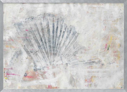 Abstract painting with a textured, fan-like shape in grey tones on a distressed white background with hints of color.