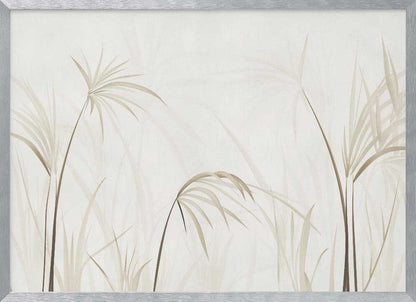 Minimalist art print of delicate beige grasses and reeds on a light background, framed in silver.