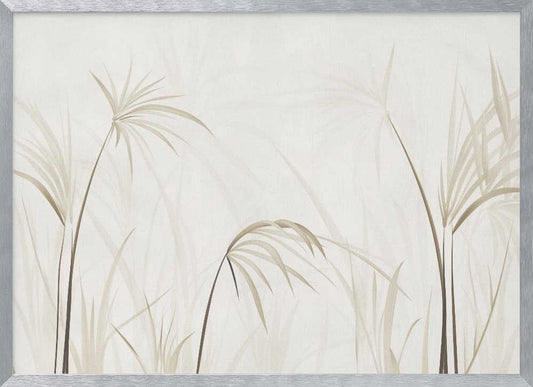 Minimalist art print of delicate beige grasses and reeds on a light background, framed in silver.