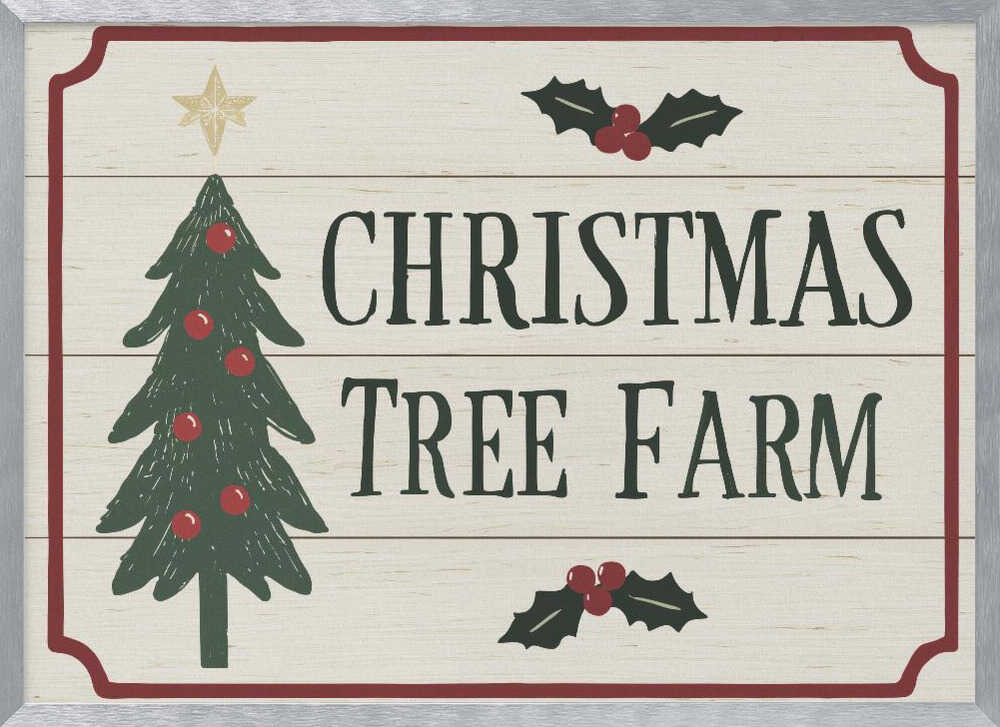 Vintage 'Christmas Tree Farm' sign with a decorated tree and holly. Rustic holiday wall art.