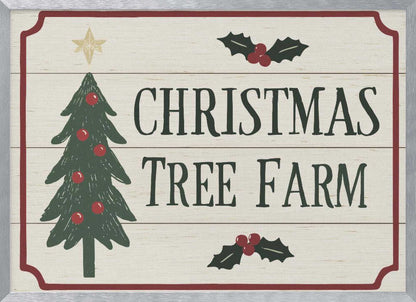 Vintage 'Christmas Tree Farm' sign with a decorated tree and holly. Rustic holiday wall art.