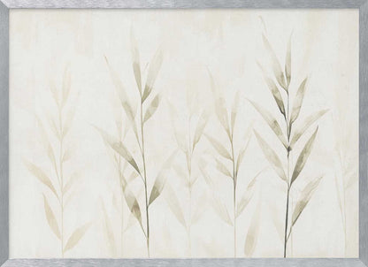 Minimalist watercolor painting of bamboo stalks in soft green and beige hues.