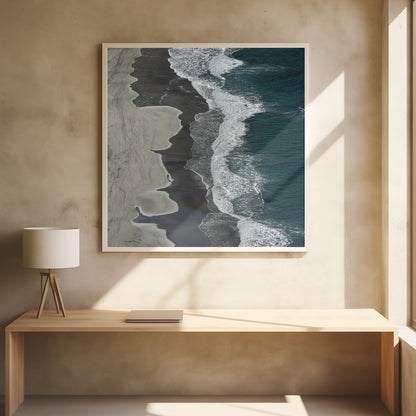 An art print depicting dynamic running ocean waves with white foam and shades of blue and aqua water. Decor