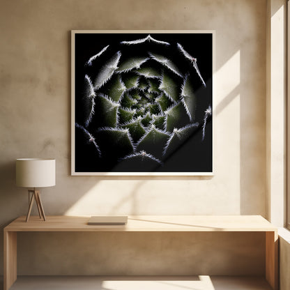 A dramatic, top-down macro photograph of a spiral succulent against a solid black background. The dark green, triangular leaves are outlined with a fine, white, fuzzy fringe, creating a mesmerizing geometric pattern that draws the eye to the center. The image is presented within a light wood frame. Decor