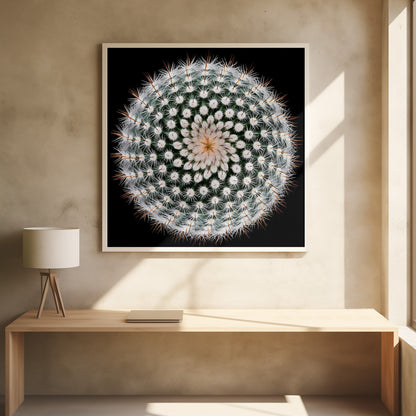 A macro, top-down photograph of a spherical cactus with dense white spines forming a spiral pattern against a stark black background. The artwork is presented in a light wood frame. Artwork