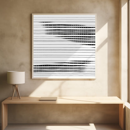 A framed abstract artwork featuring black horizontal lines on a white background. The lines vary in thickness and some sections are broken by vertical white spaces, creating a rhythmic and textured pattern. The piece is enclosed in a simple, light-colored wood frame. Poster