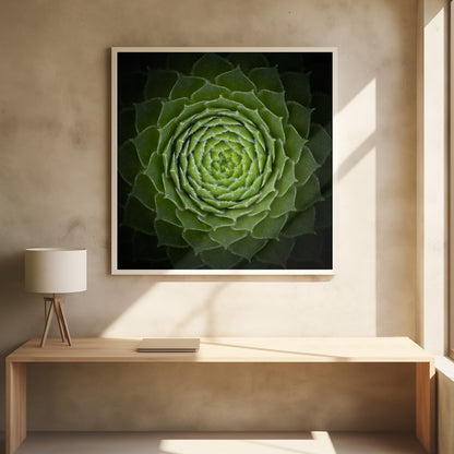 A close-up, top-down photograph of a vibrant green succulent, likely a Sempervivum, displaying a perfect spiral pattern of its fleshy, pointed leaves. The edges of each leaf are fringed with fine white hairs, and the plant is set against a dark, contrasting background, all enclosed in a light wood frame. Poster