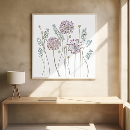A botanical art print in a light wood frame, featuring delicate pressed allium flowers with pink and purple globes and slender stems, interspersed with sprigs of muted blue-green foliage against a clean white background. Poster