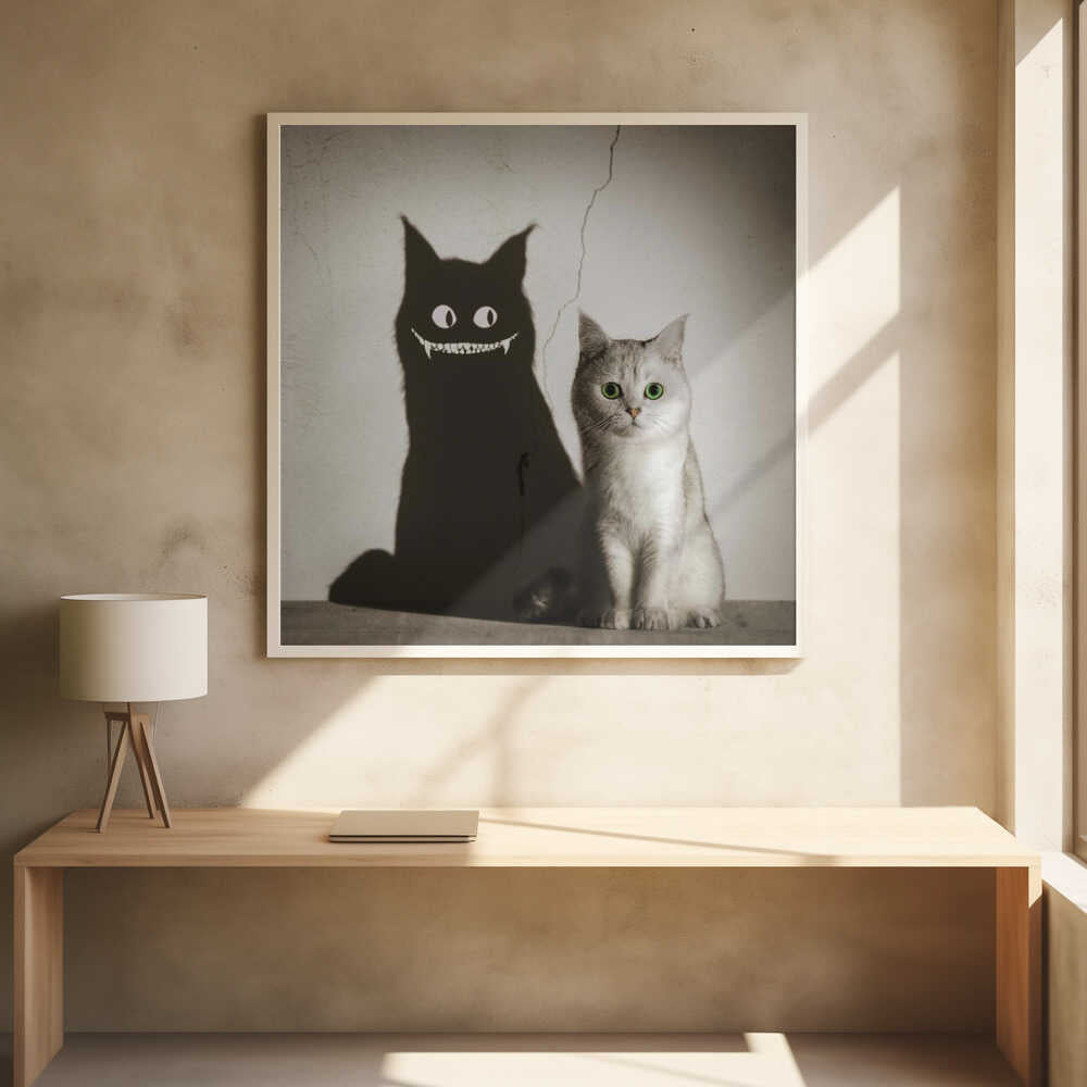 A photographic artwork of a cute, silver-grey cat with vibrant green eyes sitting beside its shadow, which is distorted into a monstrous black creature with large white eyes and a sharp, toothy grin against a cracked wall. Decor