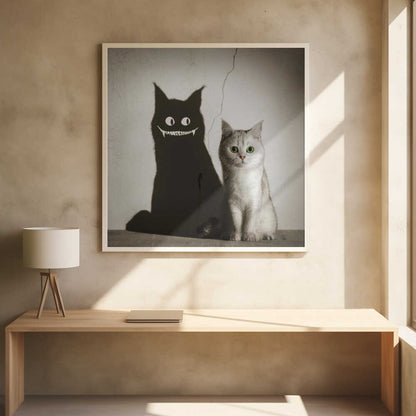A photographic artwork of a cute, silver-grey cat with vibrant green eyes sitting beside its shadow, which is distorted into a monstrous black creature with large white eyes and a sharp, toothy grin against a cracked wall. Decor
