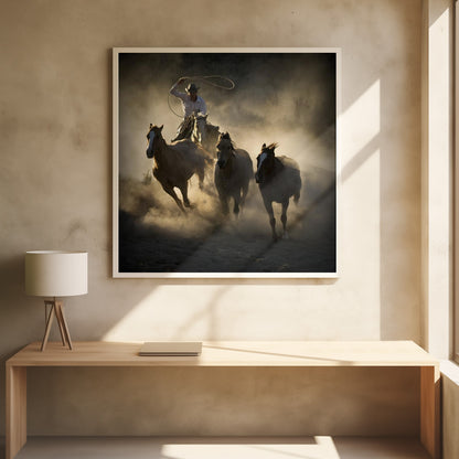 A dramatic, backlit photograph of a cowboy on horseback herding a small group of horses, kicking up a large cloud of dust as they gallop through a rustic landscape at sunrise or sunset. Poster