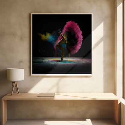 A dynamic photo of a dancer arching backward, their long hair creating a massive arc of vibrant pink powder against a black background, with smaller bursts of blue and yellow. Decor