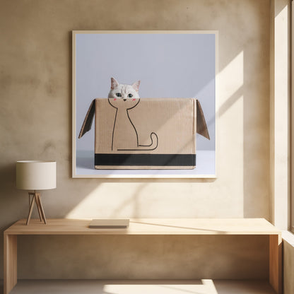 A cute white cat with green eyes peeks out of a cardboard box. The front of the box has a simple black line drawing of a cat's body, making it look as if the real cat's head belongs to the drawing. The image is set against a light gray background and enclosed in a light wood frame. Wall Art