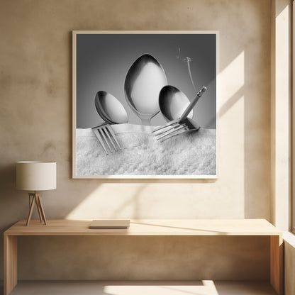 A conceptual black and white photograph in a light wood frame, featuring three spoons standing upright on a white towel, while a fork in the foreground holds a lit, smoking cigarette between its tines. Wall Art