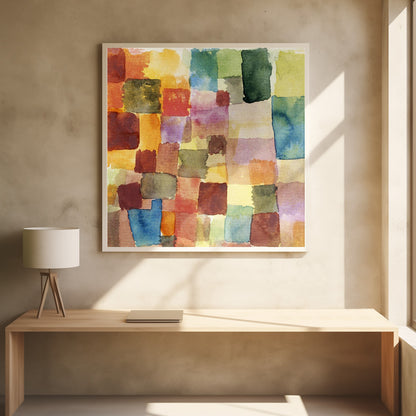 A framed abstract watercolor painting featuring a grid of overlapping, hand-painted squares in various colors. The palette is rich with warm tones of red, orange, and yellow, balanced with cooler shades of green, blue, and purple, creating a mosaic-like composition. Print