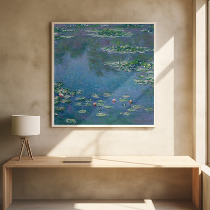 An Impressionist painting by Claude Monet depicting a serene water lily pond. The canvas is filled with cool blue and purple water reflecting the sky, dotted with green lily pads and occasional pink and white water lily blossoms. The artwork is presented in a light wood frame. Artwork