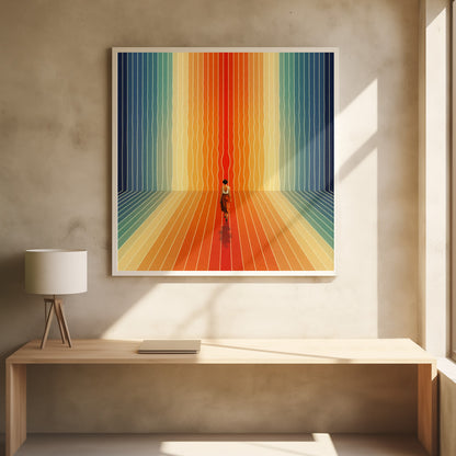 A surrealist artwork in a light wood frame depicting a woman seen from behind walking into a room with infinite perspective. The walls and floor are made of continuous, wavy vertical stripes in a rainbow gradient, starting with cool blues and transitioning to warm oranges and a central red path. Poster