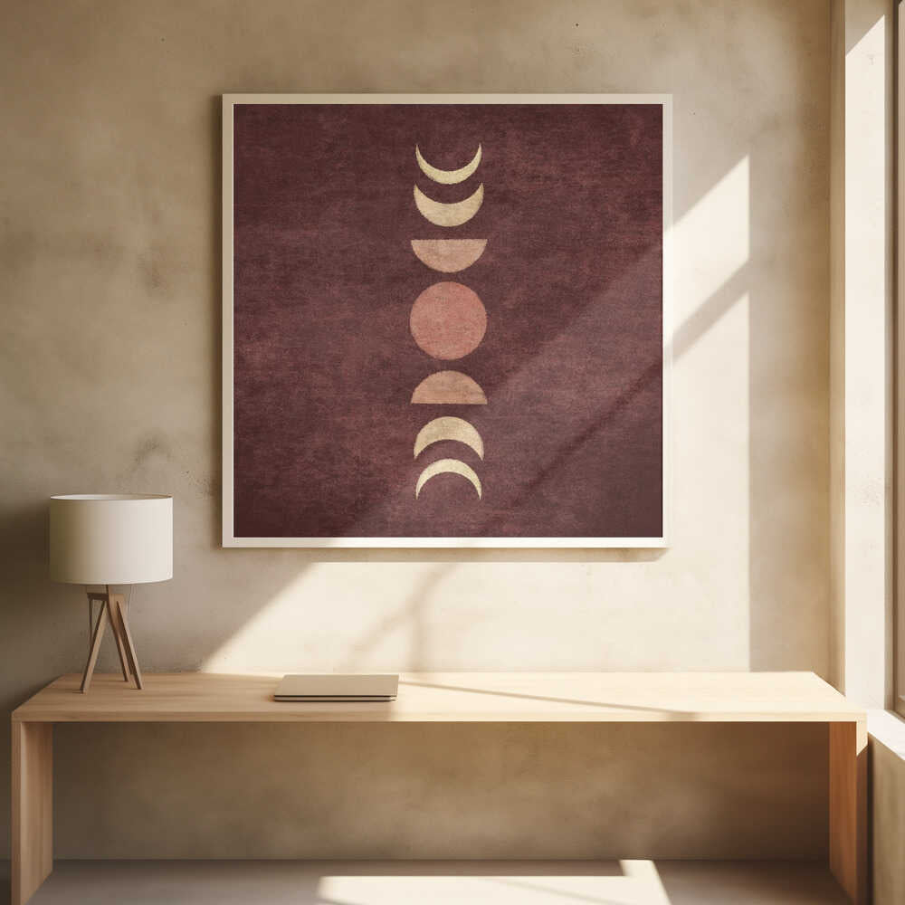 A minimalist piece of framed art showing the phases of the moon arranged vertically against a textured, deep maroon background. The moon shapes are colored in shades of cream and dusty rose, with the full moon in the center. Print