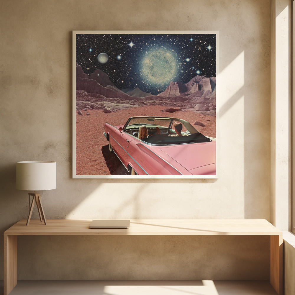 Pink Vintage Car In Space Collage Art 2 - Poster / Art Print