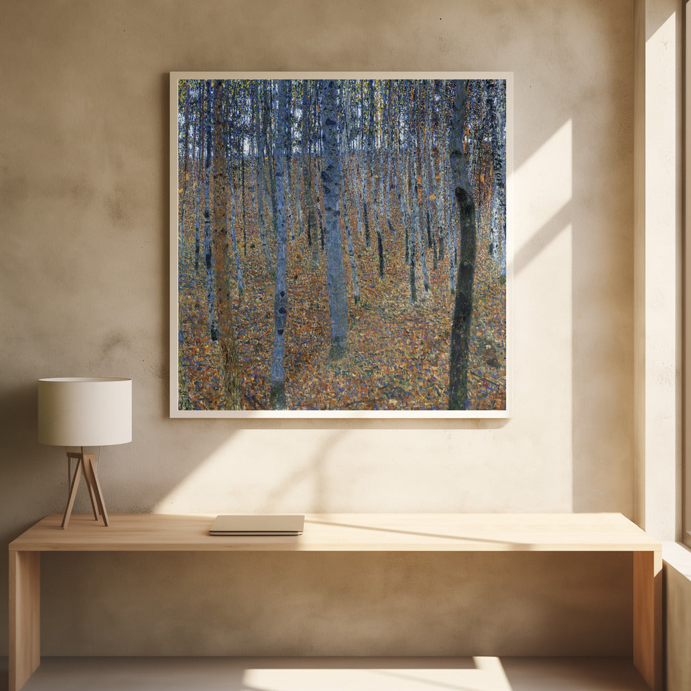 A framed impressionist-style painting of a dense birch forest. The ground is a mosaic of warm orange and brown autumn leaves, contrasting with the cool blue and gray tones of the slender tree trunks that fill the canvas. Print