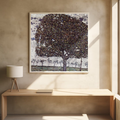 A framed impressionist painting of a large, round apple tree with a dense, dark canopy speckled with yellow apples. The tree stands in the foreground of a green field, with a row of smaller, paler trees in the background under a light, cloudy sky. Poster