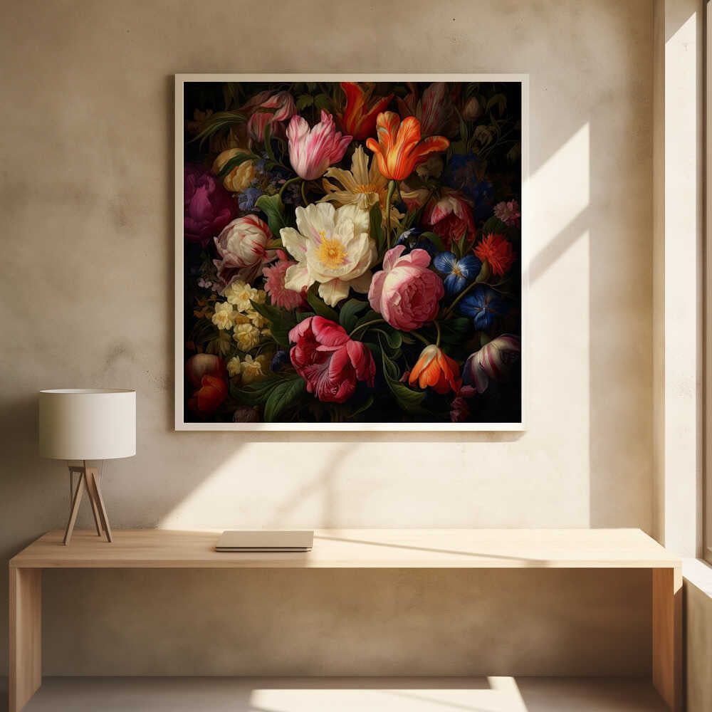 A lush bouquet of colorful tulips and peonies in a dark, vintage still life painting.