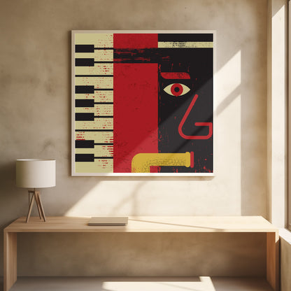 A framed abstract jazz music poster featuring a stylized musician's face, a piano keyboard, and a saxophone. The artwork uses a distressed texture with bold red, black, and cream colors for a vintage feel. Decor
