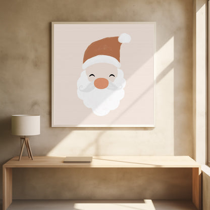 A minimalist cartoon illustration of a smiling Santa Claus face with a brown hat and white beard, set against a soft pink background and framed in light wood. Poster