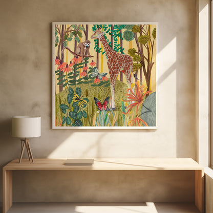 A framed, stylized painting of a jungle scene featuring a tall giraffe and a small monkey. The animals are surrounded by lush green foliage, orange and red flowers, and several butterflies against a warm yellow and light brown background with tree trunks. Decor