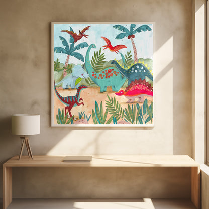 A vibrant, kid-friendly illustration of various colorful dinosaurs in a prehistoric jungle setting, framed in light wood. Dinosaurs include a teal brachiosaurus, a red stegosaurus, a blue triceratops, and flying pterodactyls against a light blue sky with palm trees. Decor