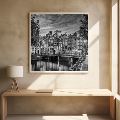 Monochrome art print depicting an idyllic impression of Singel in Amsterdam Wall Art