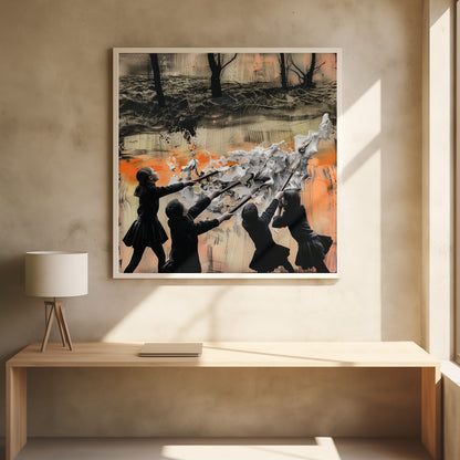 A framed mixed-media artwork featuring four children in dark uniforms collaboratively pushing long-handled tools into a large, textured wave of white paint. The background is an abstract blend of orange, black, and beige, with a dark, desolate landscape of bare trees at the top. Wall Art