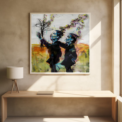 A contemporary painting in a light wood frame depicting two stylized female figures in dark clothes against an abstract background. One reaches for a small, bare tree while both look upwards with open mouths, as colorful, smoke-like swirls rise from behind them. Print