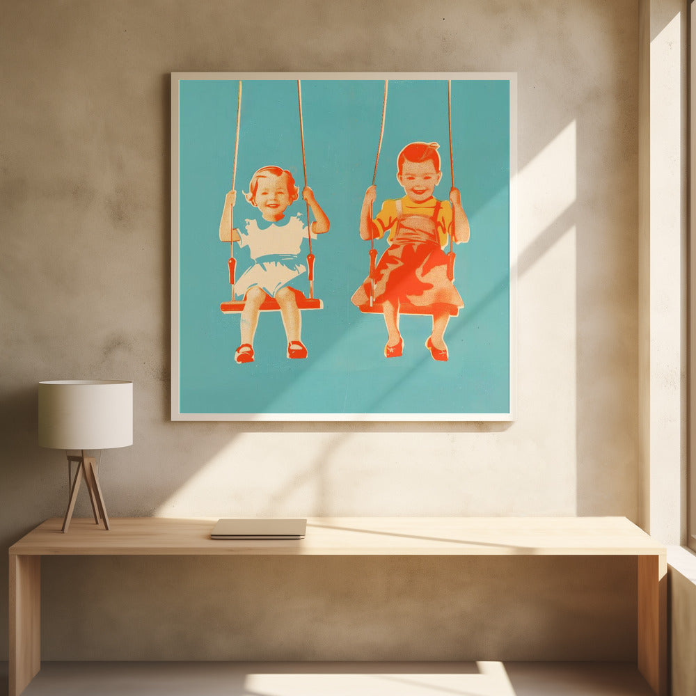 Two Little Girls On Swings - Poster / Art Print