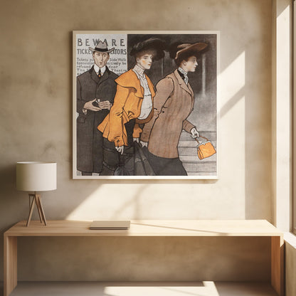 A vintage illustration of three people in early 20th-century clothing. A man in a dark suit and hat stands behind two women. The woman in the center wears a vibrant orange jacket and a large black hat, while the woman on the right wears a tailored brown suit and carries a small orange purse. They are walking on a city street past a sign that reads 'BEWARE TICKET SCALATORS'. Decor