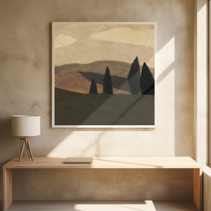 A minimalist painting of a Tuscan-style landscape with rolling hills in shades of brown and muted green. Four dark, stylized cypress trees stand in the foreground under a soft, cloudy beige sky. The entire piece is framed in a light wood frame. Print