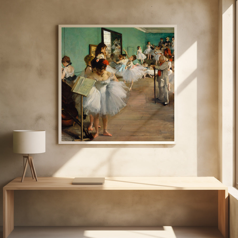 A vintage painting by Edgar Degas, 'The Dance Class,' showing a group of young ballerinas in white tutus in a rehearsal studio with green walls and a wooden floor. An older man, the ballet master, stands observing them with a long cane. Some dancers are practicing, others are resting or adjusting their attire. Poster