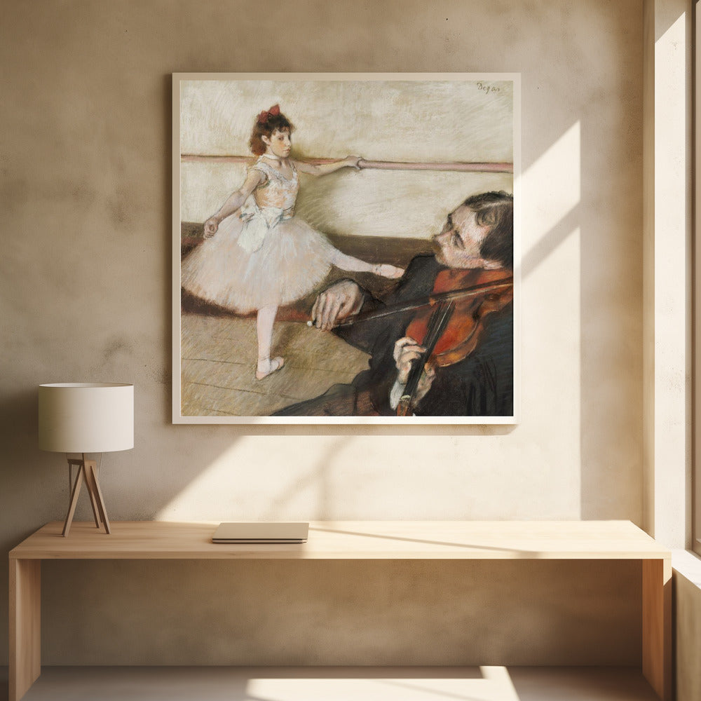 An impressionist painting by Edgar Degas of a young ballerina in a white tutu practicing at a barre while a musician in the foreground plays the violin. Poster